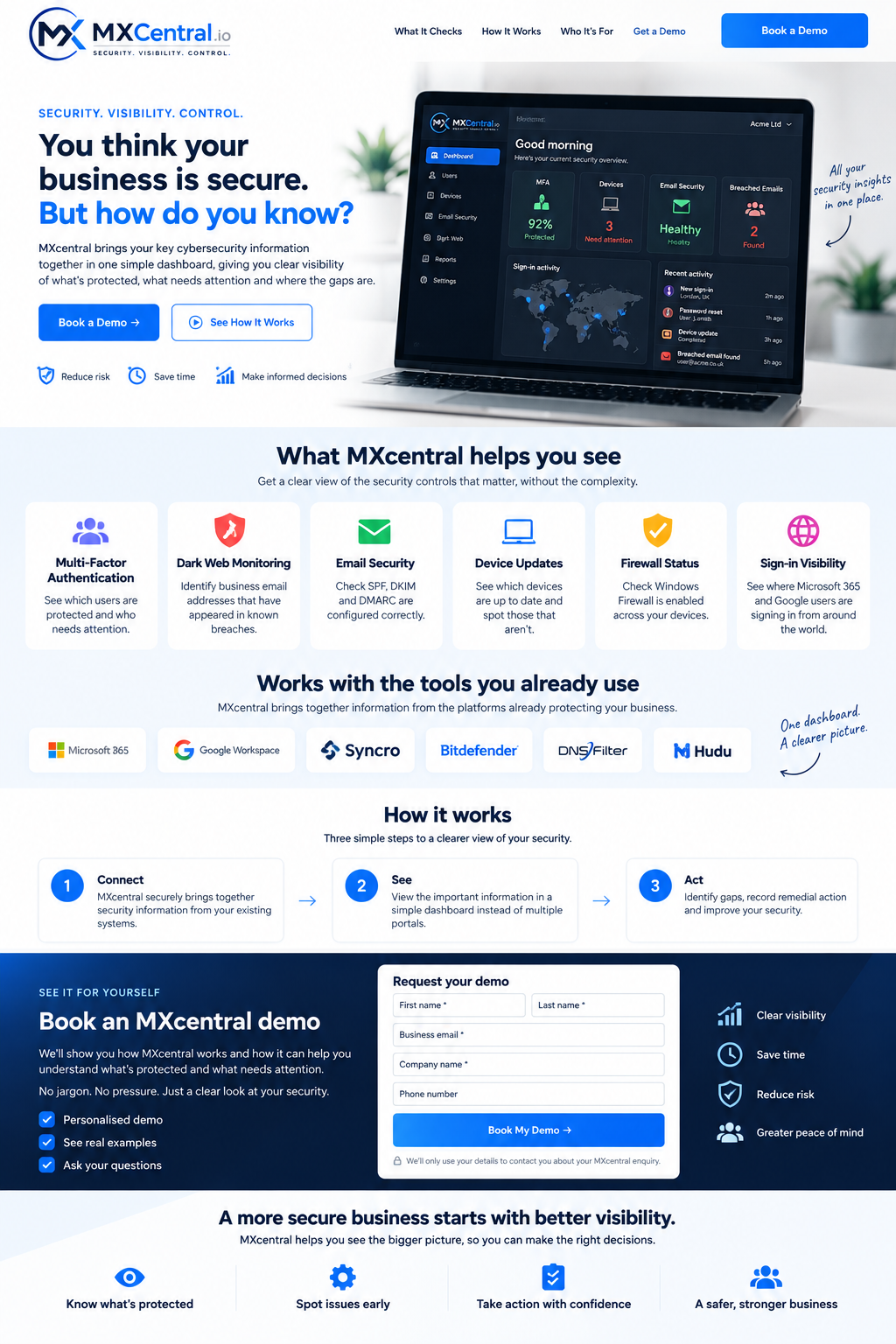 MXcentral cybersecurity dashboard showing security visibility across business systems